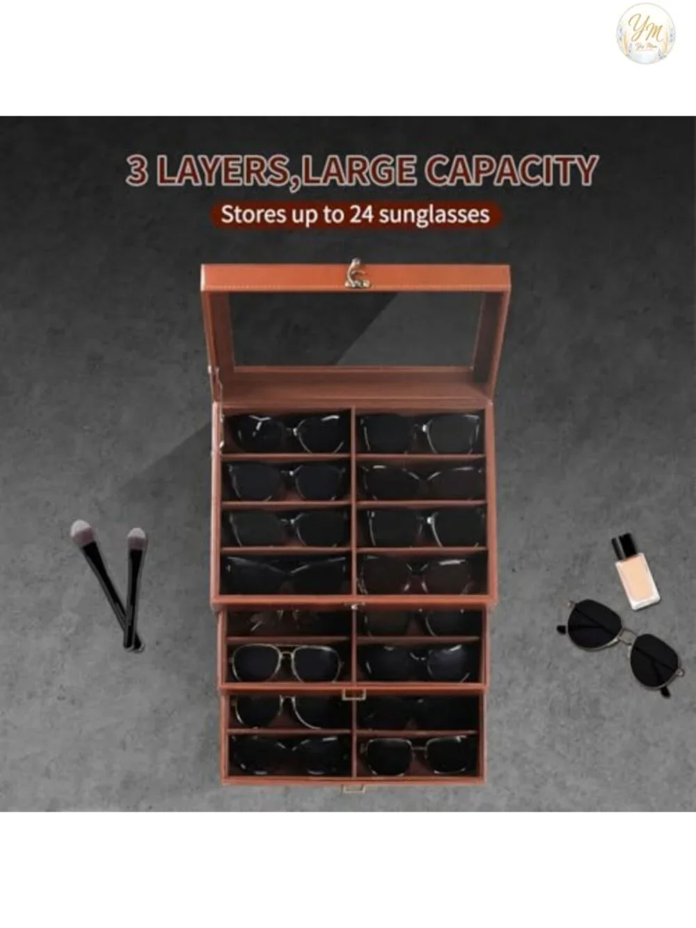 Faux Leather Eyeglass Case with 24 Compartments and Lock, Sunglasses Organizer